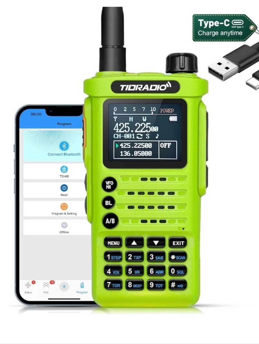 Lime Green Tidradio Tdh8.  3rd Gen. Portable Two-Way Radio.